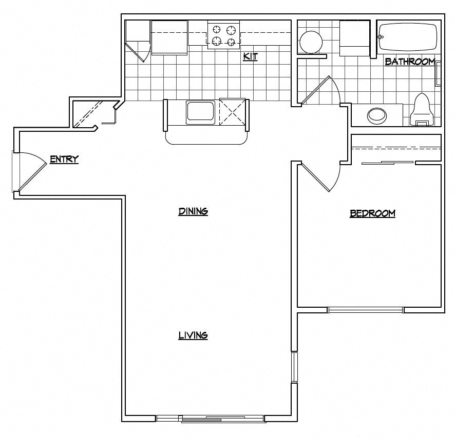 Floor plan for 1 bed, 1 bath, 764 sqft